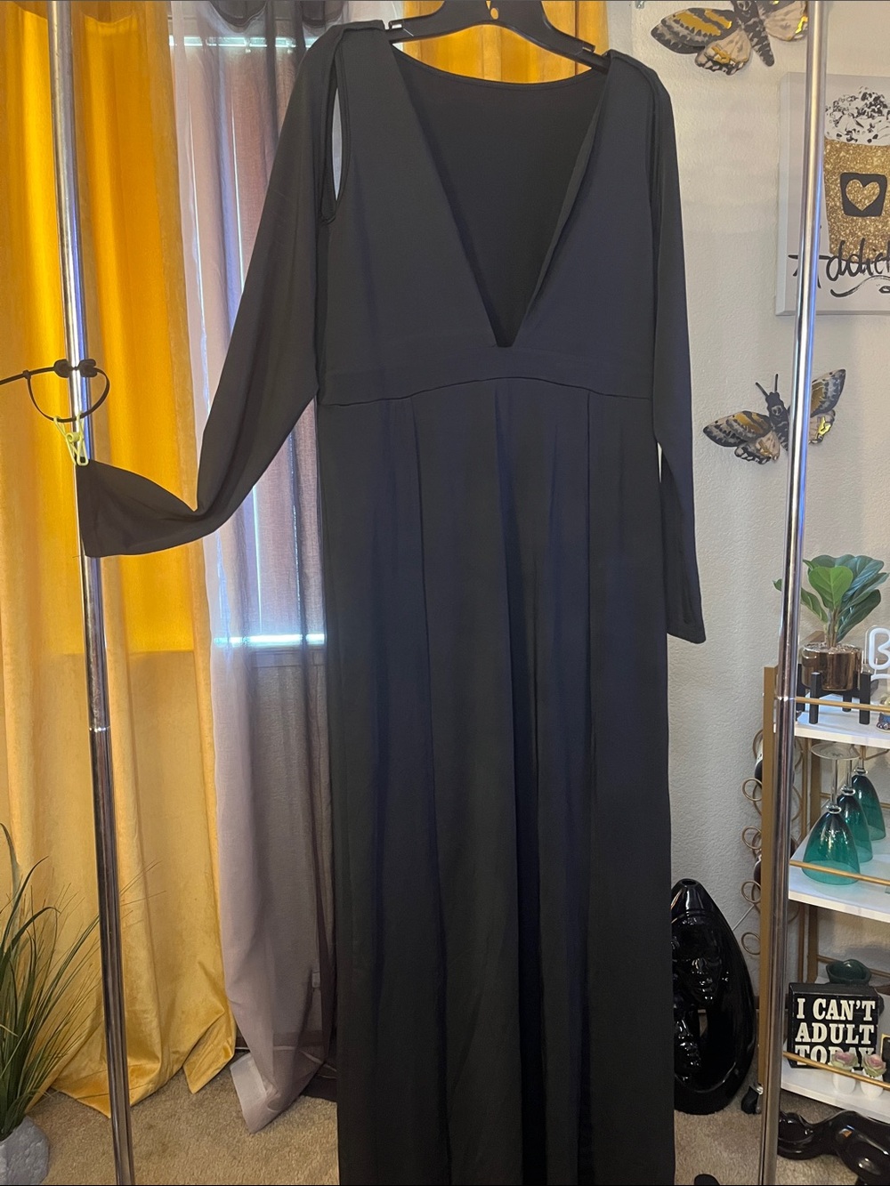 Sexy Black V-Neck Long Sleeve Maxi Dress deep front slits